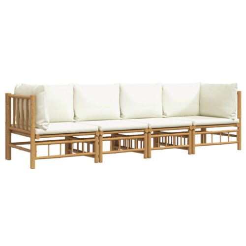4-Piece Garden Lounge Set with Cream White Cushions Bamboo - Image 3