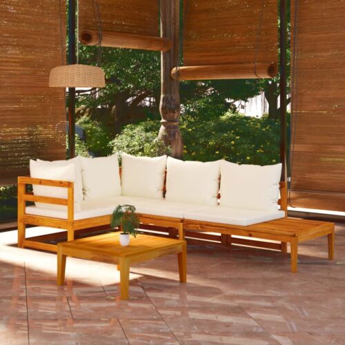 4-Piece Garden Lounge Set with Cream White Cushions Acacia Wood - Image 2