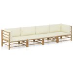 4-Piece Garden Lounge Set with Cream White Cushions Bamboo