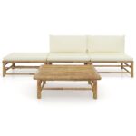 4-Piece Garden Lounge Set with Cream White Cushions Bamboo