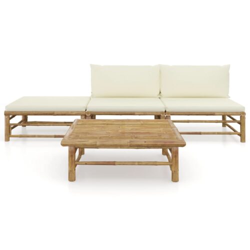 4-Piece Garden Lounge Set with Cream White Cushions Bamboo