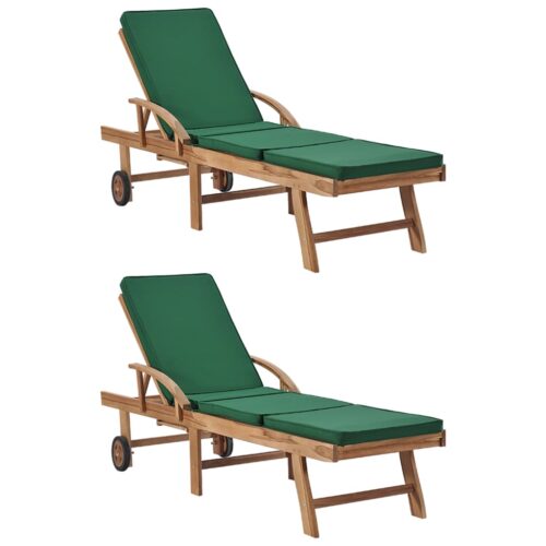 Sun Loungers with Cushions 2pcs Solid Teak Wood Green