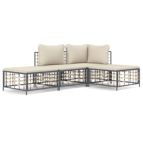 4-Piece Garden Lounge Set with Cushions Anthracite Poly Rattan