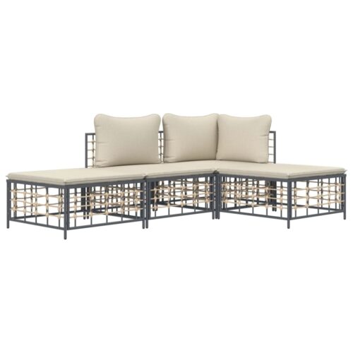 4-Piece Garden Lounge Set with Cushions Anthracite Poly Rattan - Image 3