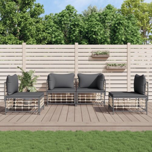 4-Piece Garden Lounge Set with Cushions Anthracite Poly Rattan - Image 2