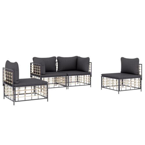 4-Piece Garden Lounge Set with Cushions Anthracite Poly Rattan - Image 3