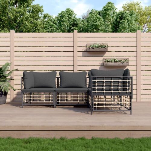 4-Piece Garden Lounge Set with Cushions Anthracite Poly Rattan - Image 2