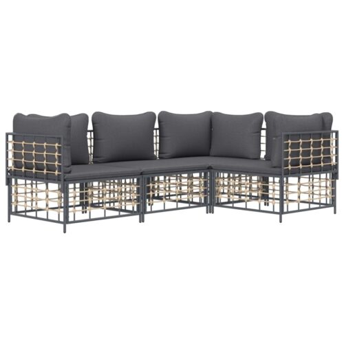 4-Piece Garden Lounge Set with Cushions Anthracite Poly Rattan - Image 3