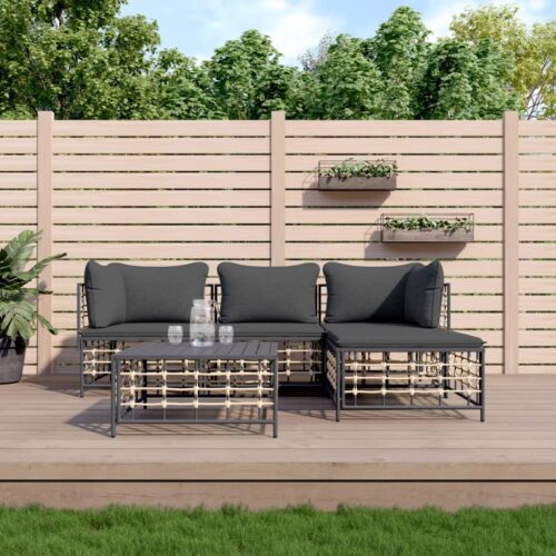 4-Piece Garden Lounge Set with Cushions Anthracite Poly Rattan - Image 2