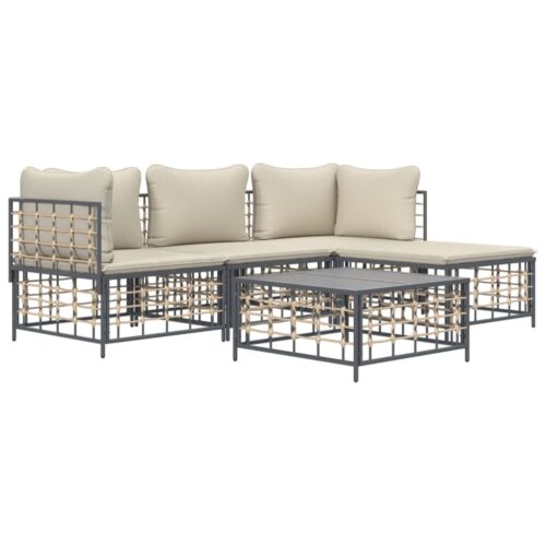 4-Piece Garden Lounge Set with Cushions Anthracite Poly Rattan - Image 3