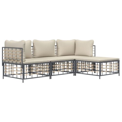 4-Piece Garden Lounge Set with Cushions Anthracite Poly Rattan - Image 3
