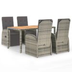 5-Piece Garden Dining Set with Cushions Grey Poly Rattan Wicker Outdoor Patio Furniture