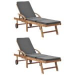 Sun Loungers with Cushions 2pcs Solid Teak Wood Dark Grey