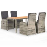 5-Piece Garden Dining Set with Cushions Grey Poly Rattan Wicker Outdoor Patio Furniture