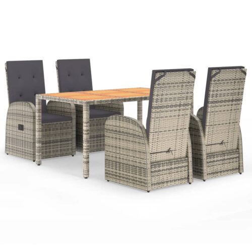 5-Piece Garden Dining Set with Cushions Grey Poly Rattan Wicker Outdoor Patio Furniture