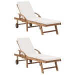 Sun Loungers with Cushions 2pcs Solid Teak Wood Cream