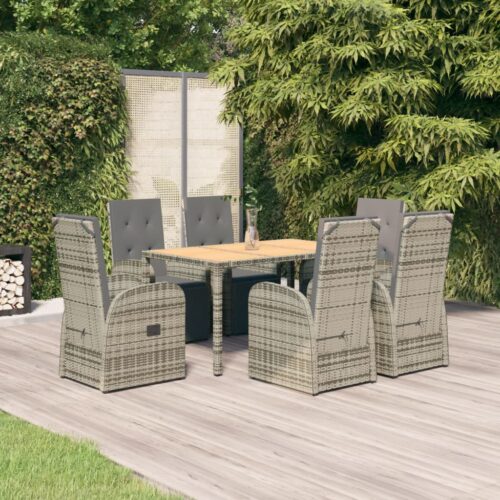 7-Piece Garden Dining Set with Cushions Grey Poly Rattan Wicker Outdoor Patio Furniture - Image 10