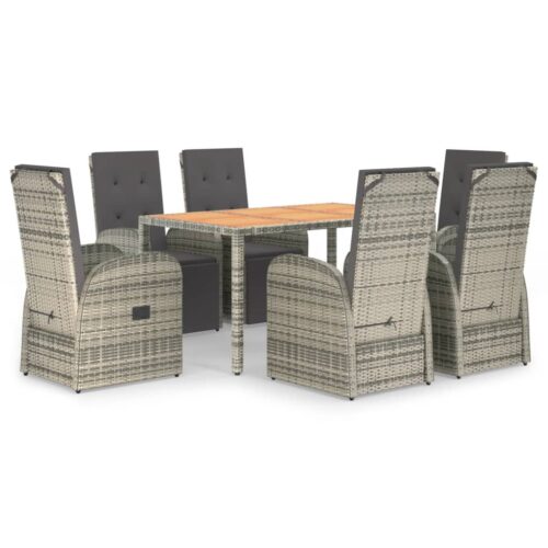 7-Piece Garden Dining Set with Cushions Grey Poly Rattan Wicker Outdoor Patio Furniture