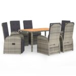 7-Piece Garden Dining Set with Cushions Grey Poly Rattan Wicker Outdoor Patio Furniture