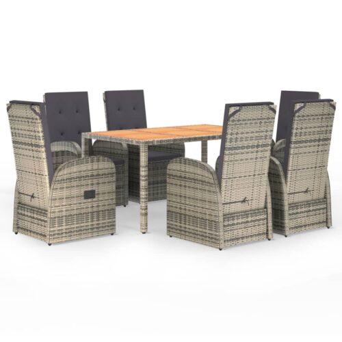 7-Piece Garden Dining Set with Cushions Grey Poly Rattan Wicker Outdoor Patio Furniture