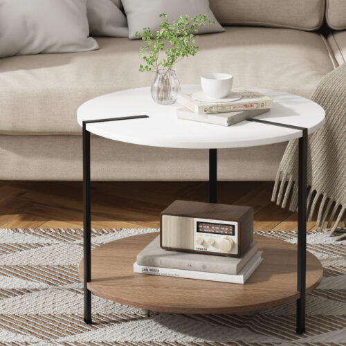 Artiss Coffee Table Side Table Round White Cedric - Image 7