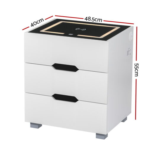 Artiss Smart Bedside Table 3 Drawers with Wireless Charging Ports LED White ADAD - Image 2
