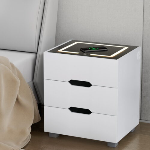 Artiss Smart Bedside Table 3 Drawers with Wireless Charging Ports LED White ADAD - Image 6