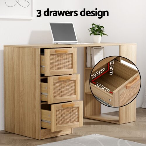 Artiss Computer Desk Drawer Shelf Home Office Study Table Rattan Oak 120CM - Image 4