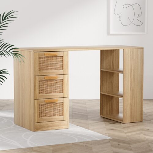 Artiss Computer Desk Drawer Shelf Home Office Study Table Rattan Oak 120CM - Image 7