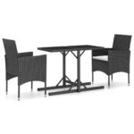 3-Piece Outdoor Dining Set Garden Patio Bistro Seat Chairs Table Furniture Black
