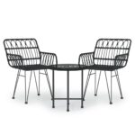 3-Piece Garden Dining Set Black Poly Rattan Wicker Outdoor Patio Furniture
