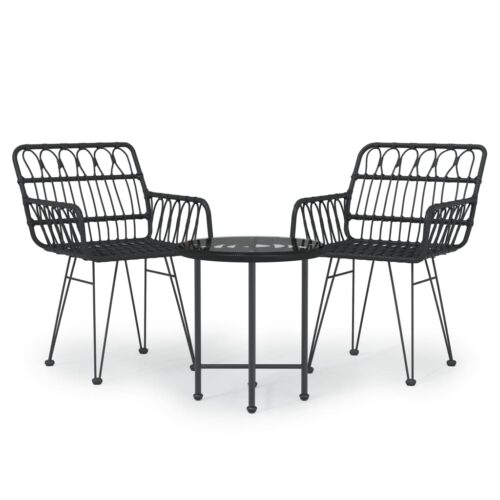 3-Piece Garden Dining Set Black Poly Rattan Wicker Outdoor Patio Furniture