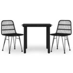 3-Piece Outdoor Dining Set Garden Patio Bistro Chairs Table Setting Rattan Black