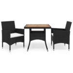 3-Piece Garden Dining Set Black Poly Rattan Wicker Outdoor Patio Furniture Acacia Wood