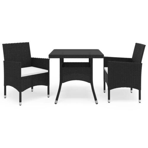 3-Piece Garden Dining Set Black Poly Rattan Wicker Outdoor Patio Furniture Glass