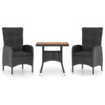 3-Piece Garden Dining Set Poly Rattan Wicker Outdoor Patio Furniture Acacia Wood Black