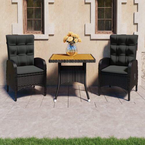 3-Piece Garden Dining Set Poly Rattan Wicker Outdoor Patio Furniture Acacia Wood Black - Image 11