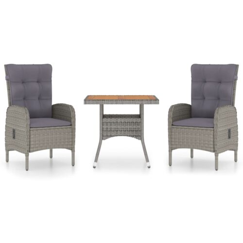 3-Piece Garden Dining Set Poly Rattan Wicker Outdoor Patio Furniture Acacia Wood Grey