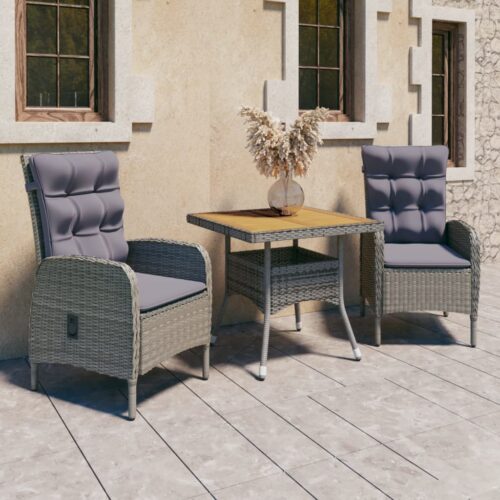 3-Piece Garden Dining Set Poly Rattan Wicker Outdoor Patio Furniture Acacia Wood Grey - Image 11