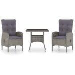 3-Piece Garden Dining Set Poly Rattan Wicker Outdoor Patio Furniture Glass Grey