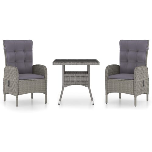 3-Piece Garden Dining Set Poly Rattan Wicker Outdoor Patio Furniture Glass Grey