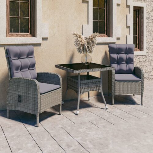 3-Piece Garden Dining Set Poly Rattan Wicker Outdoor Patio Furniture Glass Grey - Image 11