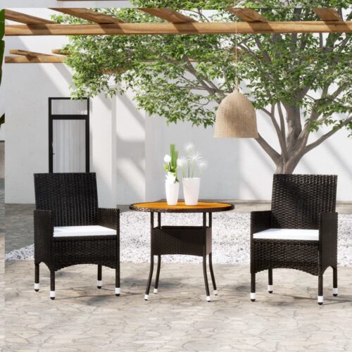 3-Piece Outdoor Dining Set Garden Patio Bistro Chairs Table Setting Rattan Black - Image 8