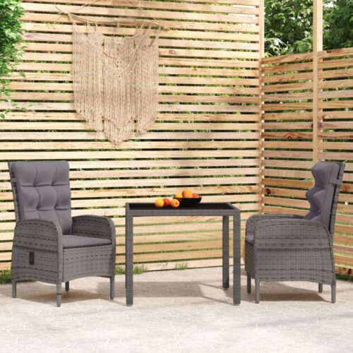 3-Piece Garden Dining Set Poly Rattan Wicker Outdoor Patio Furniture Grey - Image 8