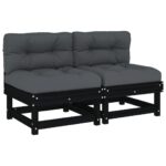 Middle Sofas with Cushions 2pcs Black Solid Wood Pine