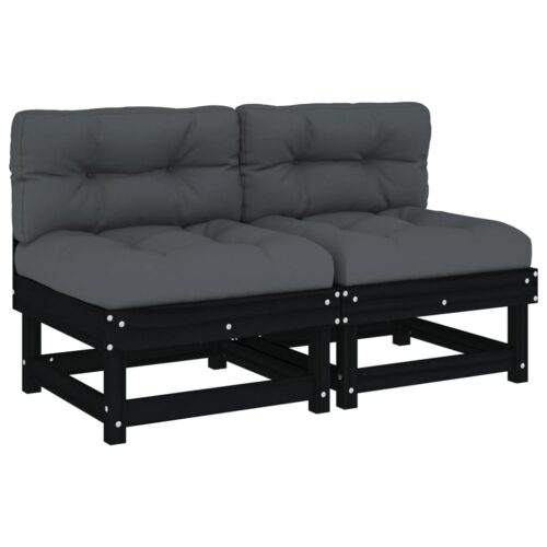 Middle Sofas with Cushions 2pcs Black Solid Wood Pine