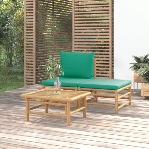3-Piece Garden Lounge Set with Green Cushions Bamboo - Image 2
