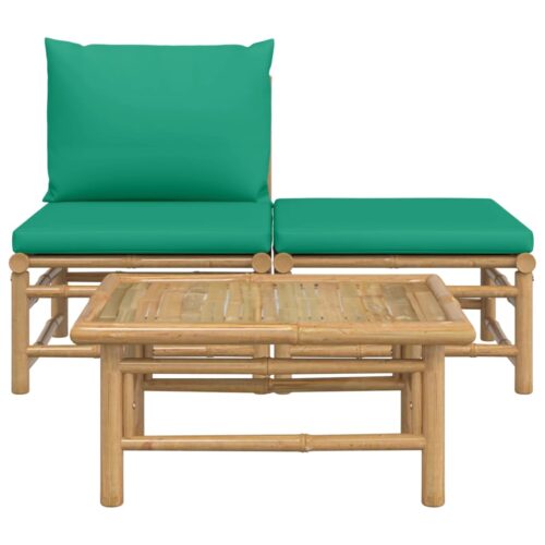 3-Piece Garden Lounge Set with Green Cushions Bamboo - Image 3