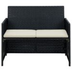2 Seater Garden Sofa with Cushions Black Poly Rattan