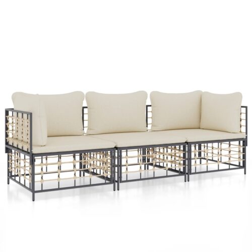 3-Piece Garden Lounge Set with Cushions Anthracite Poly Rattan